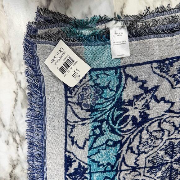 J. Jill Blue 46” X 46” Square Fringed Scarf Wrap Large Floral Geometric - Picture 8 of 8